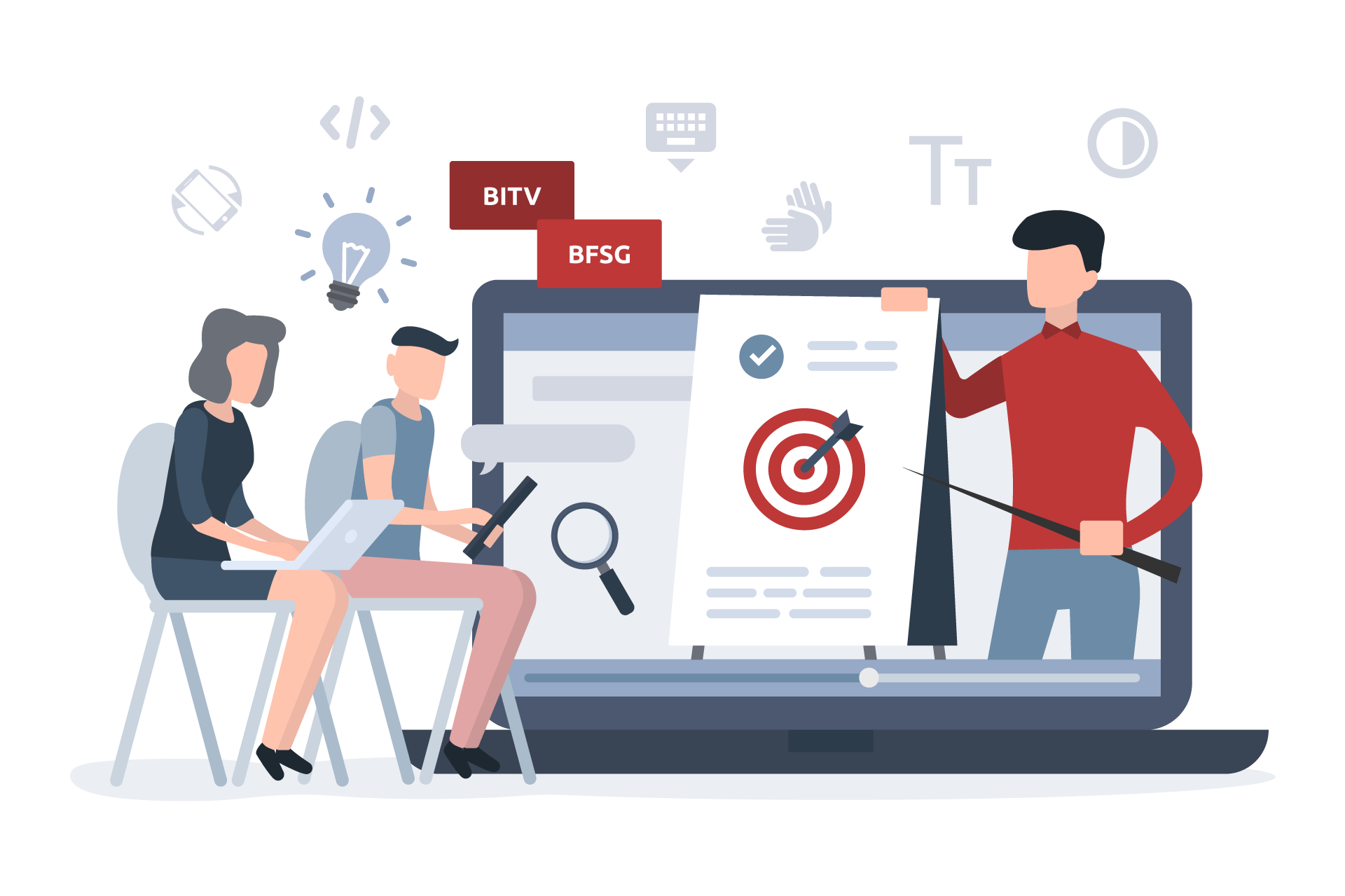 Illustration zu Schulungen (BITV & BFSG): Eine Person hält vor zwei Teilnehmenden einen Online-Workshop zu digitaler Barrierefreiheit.